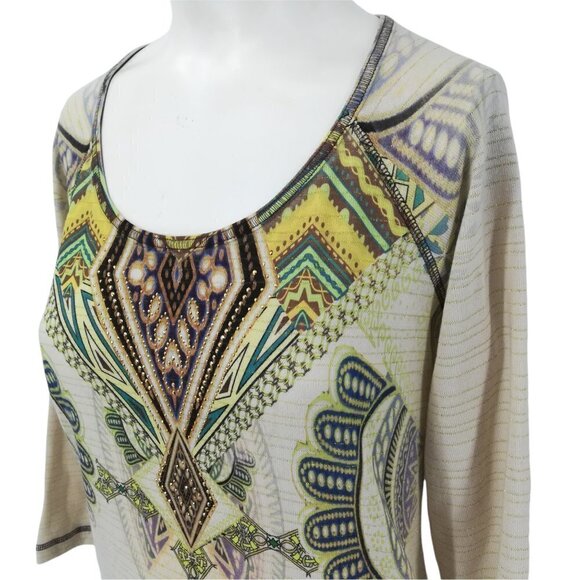 One World Raglan Sleeve Knit Top Size S Ethnic Geometric 3/4 Sleeve Gold Cream - Picture 6 of 12